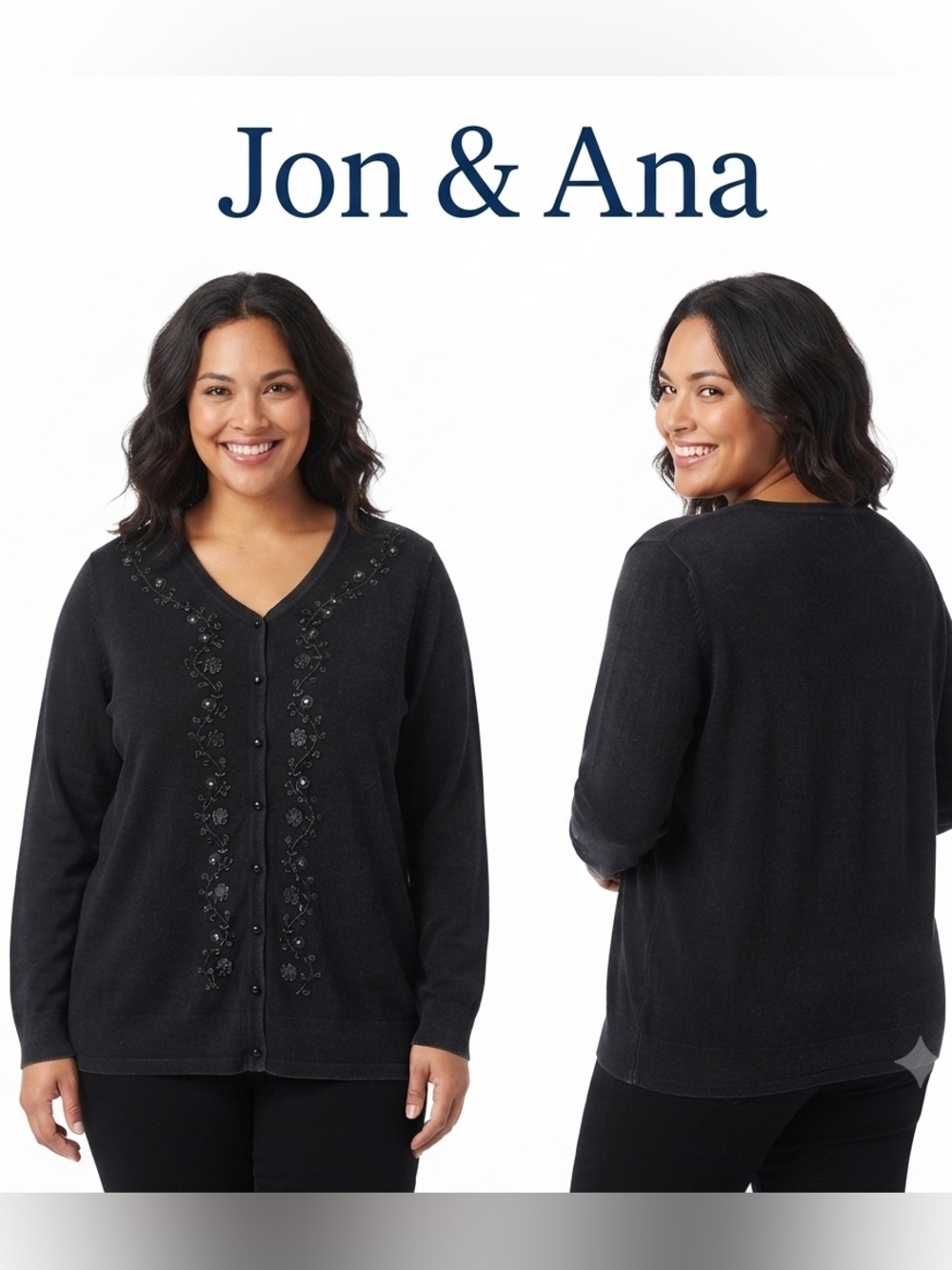 Jon & Ana New York Black Faded Floral Beaded Button Down Cardigan 1X